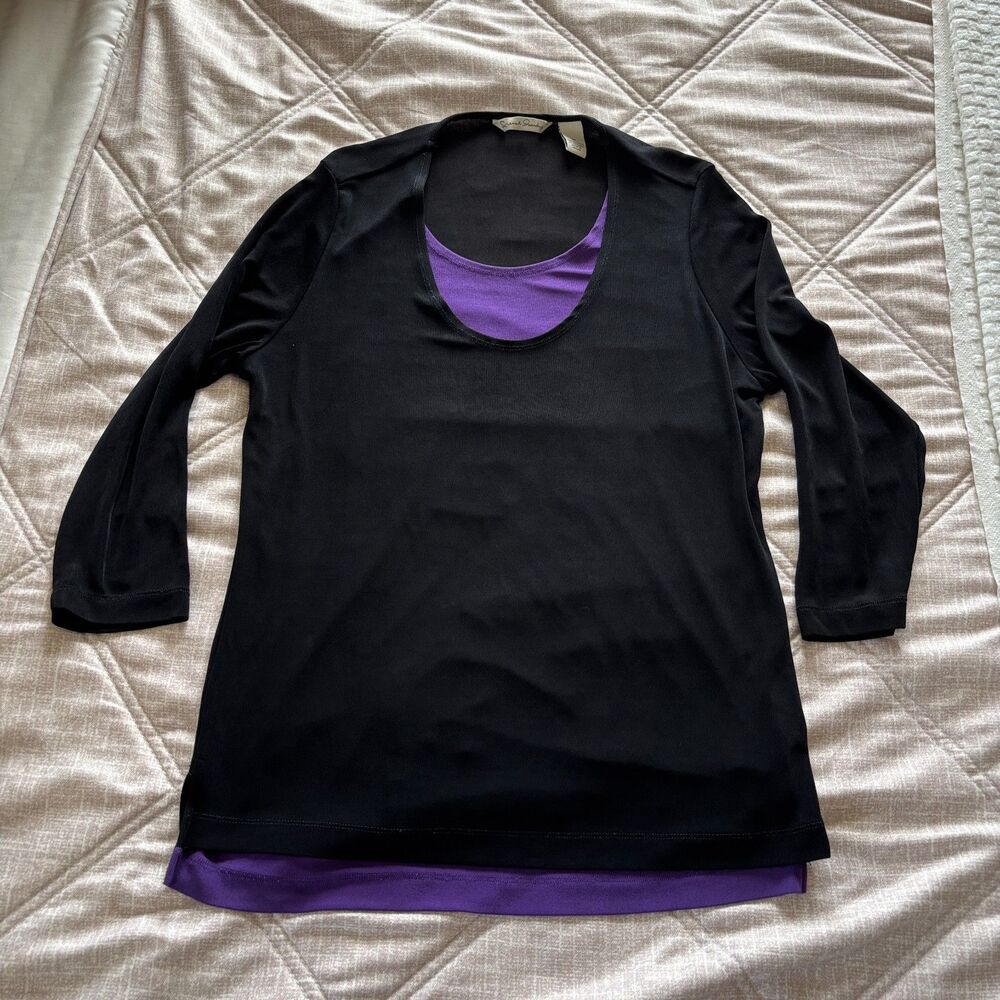 French Laundry: Black Sheer 3/4 Sleeve Top Purple Layered Look Blouse Medium M